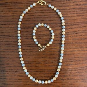 Elegant Gold, White and Silver Pearl Necklace and Bracelet Set